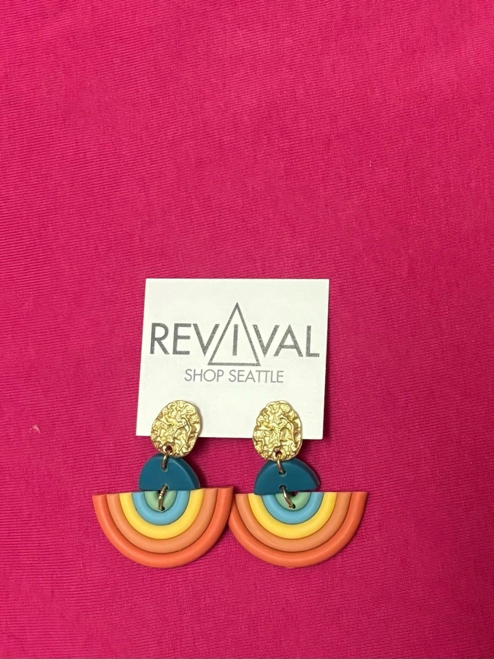 RevivAL Shop Seattle Rainbow Drop polymer clay Earrings in Orange & Blue